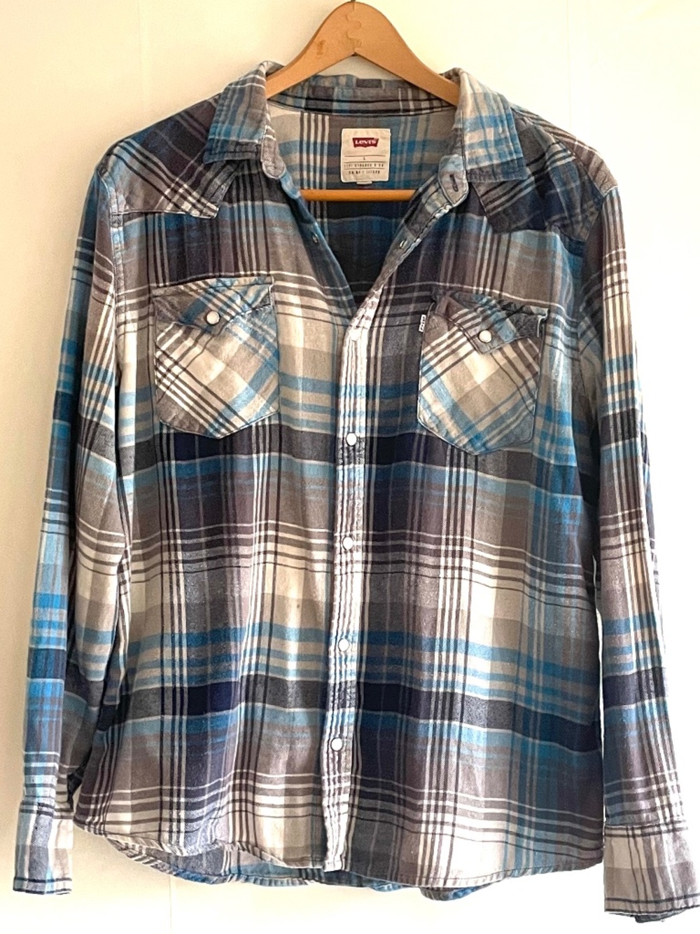 Levi's Men's Blue & Gray Plaid Modern Western Pearl Snap Long Sleeve Shirt - L